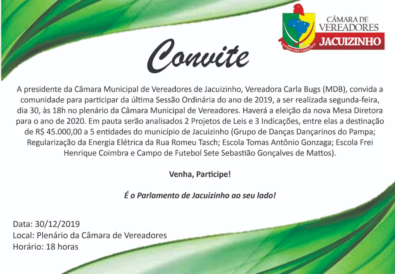 SESSÃO ORDINÁRIA: Ultima sessao de 2019 ocorrerá nesta seginda, dia 30, ås 18h